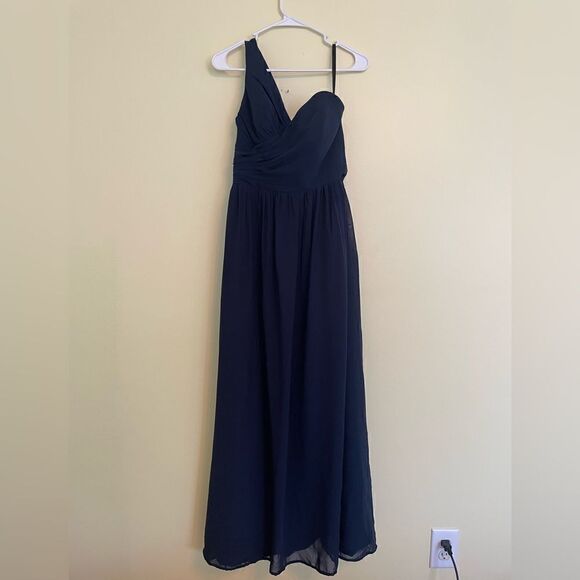 Brideside One Shoulder Navy Blue A-Line Maxi Bridesmaids Dress Size 6 - Picture 1 of 6